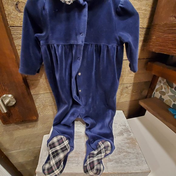 Chaps Blue Velour Footed Plaid 9M Girl - Picture 3 of 6